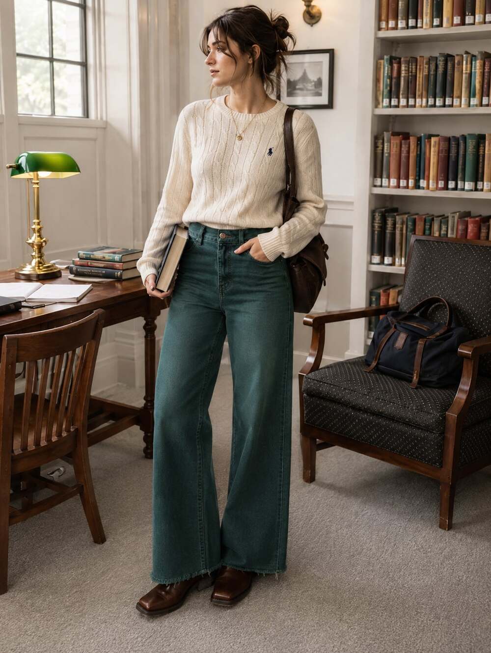 Miou Muse Green Cotton Blend High Rise Wide Leg Pants, Size S